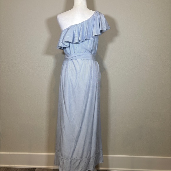 Banana Republic Blue & White Striped One-Shoulder Maxi Dress Tie Waist Size MP - Picture 3 of 6